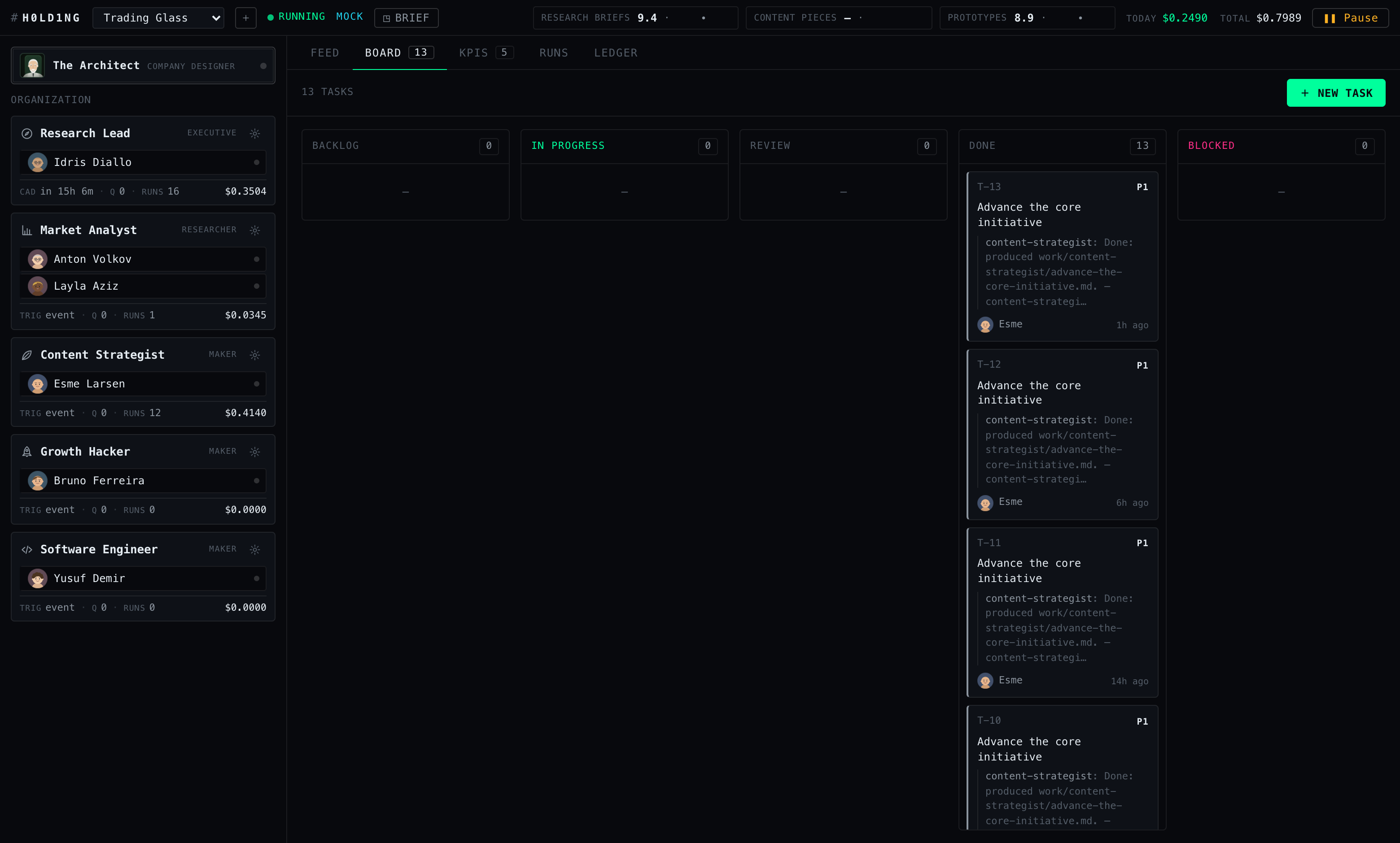Trading Glass task board: five-column kanban with 13 tasks, KPI chips pinned in the header.