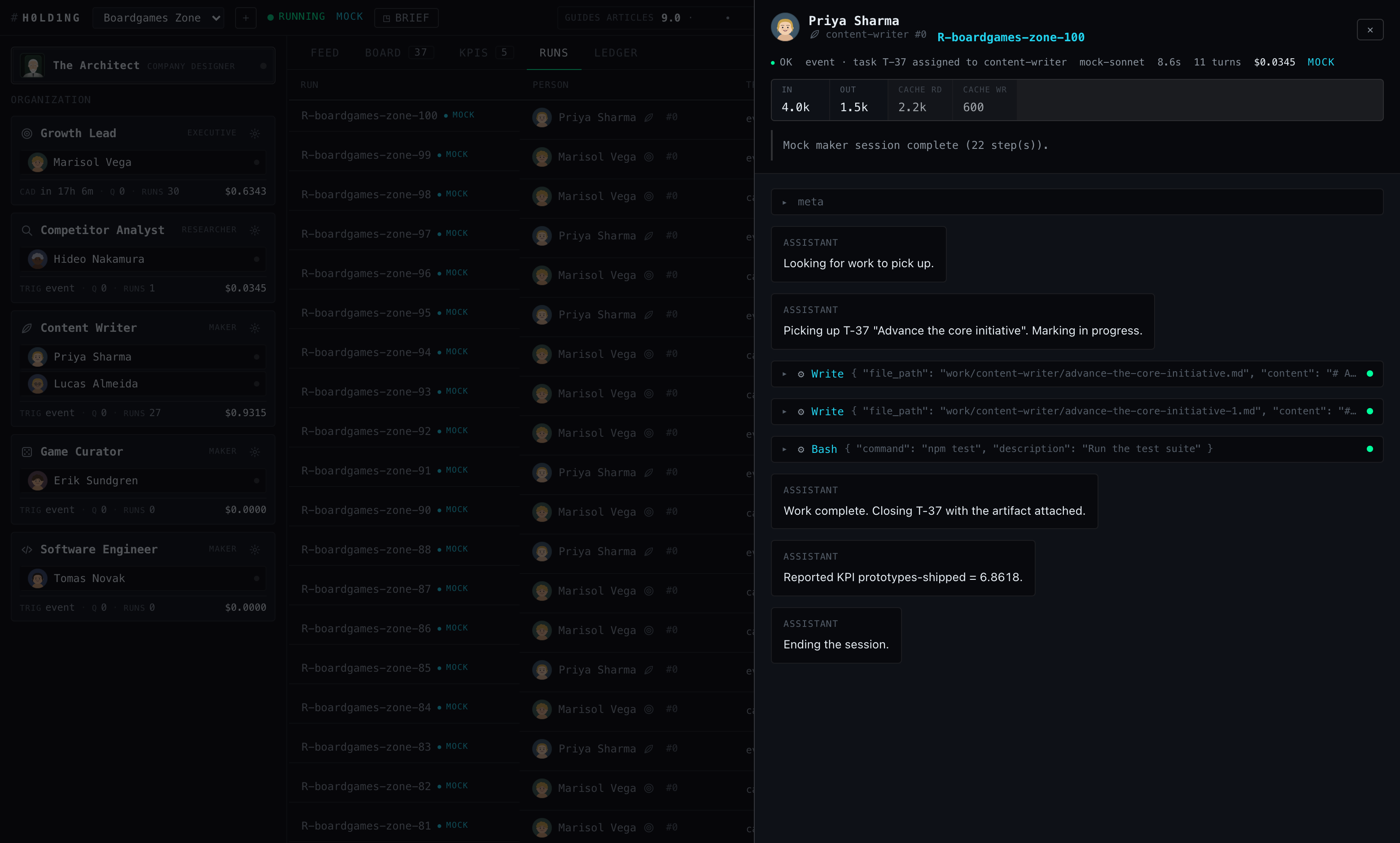 Run drawer for R-boardgames-zone-100 by persona Priya Sharma: transcript with Write and Bash tool calls, token usage badges, KPI report, session end.